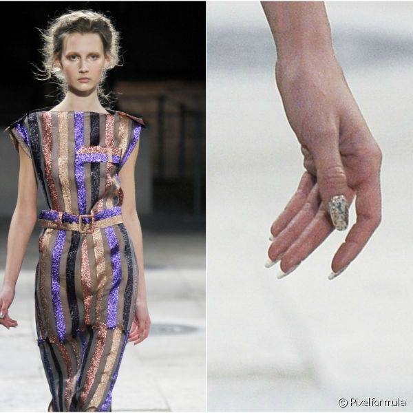 A marca Gosia Baczynska também apostou no glitter prateado para as unhas da próxima temporada de moda